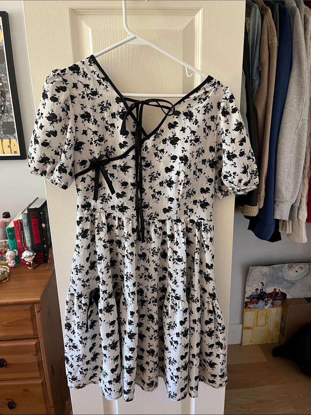 Black & White Floral Dress with Tie Details
